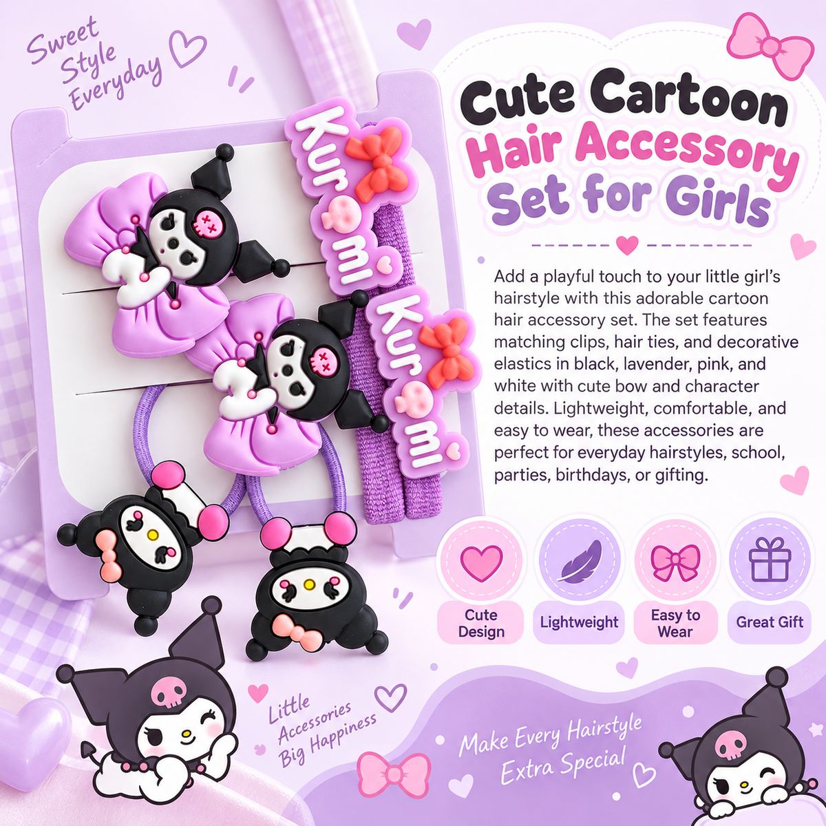 Cute Purple Cartoon Hair Accessory Set for Girls