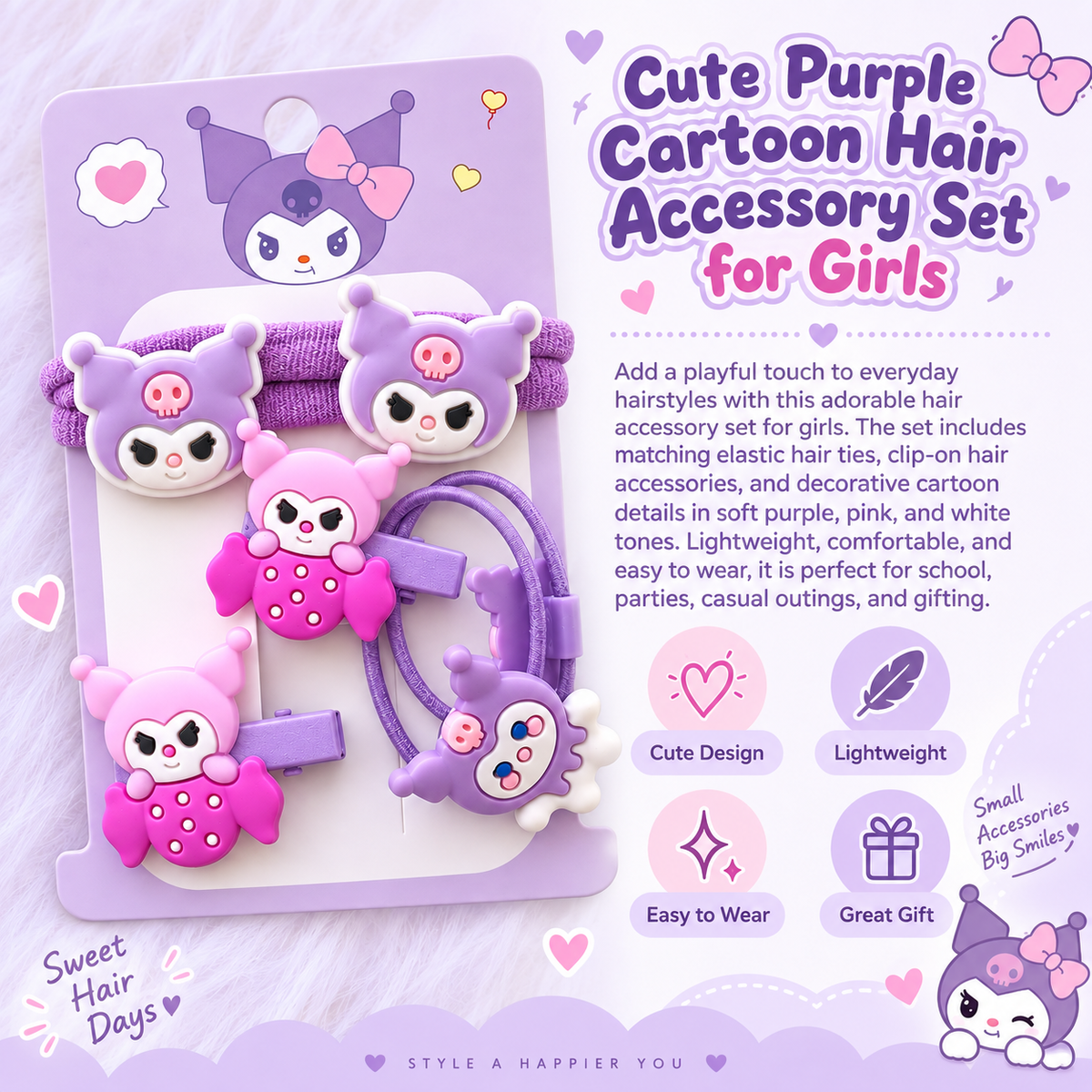 Cute Purple Cartoon Hair Accessory Set for Girls