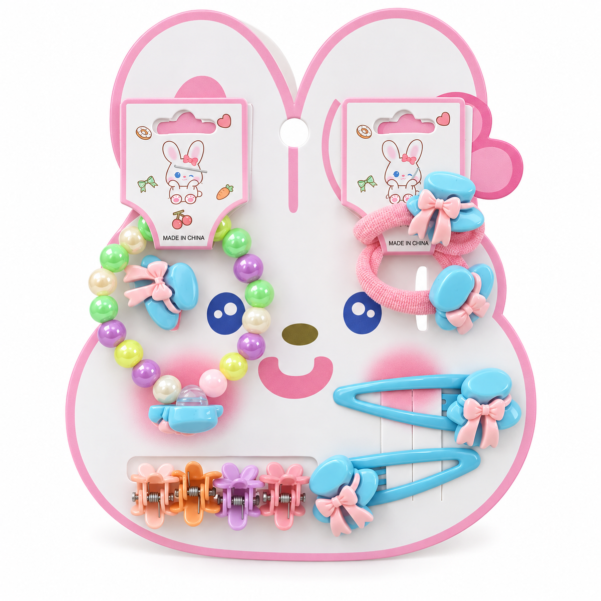 Cute pastel bunny hair accessory set for girls.