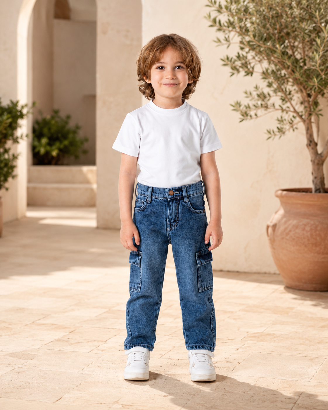 جينز دنيم أولادي بجيوب كارجو مغسول متوسط