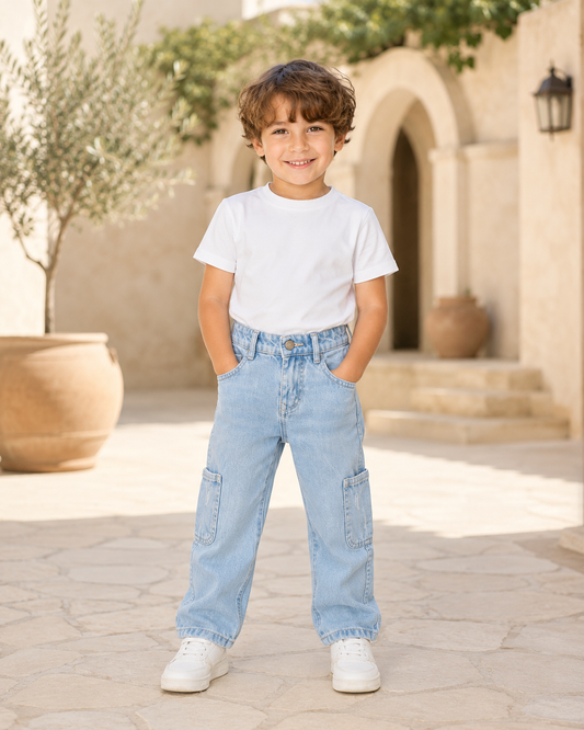 Boys Light Wash Cargo Pocket Denim Jeans