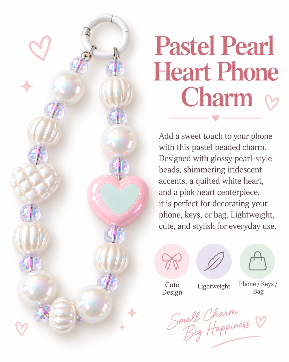 Pastel Pearl Heart Phone Charm