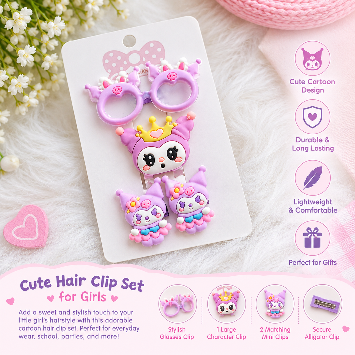 Cute  Purple Cartoon Hair Clip Set for Girls