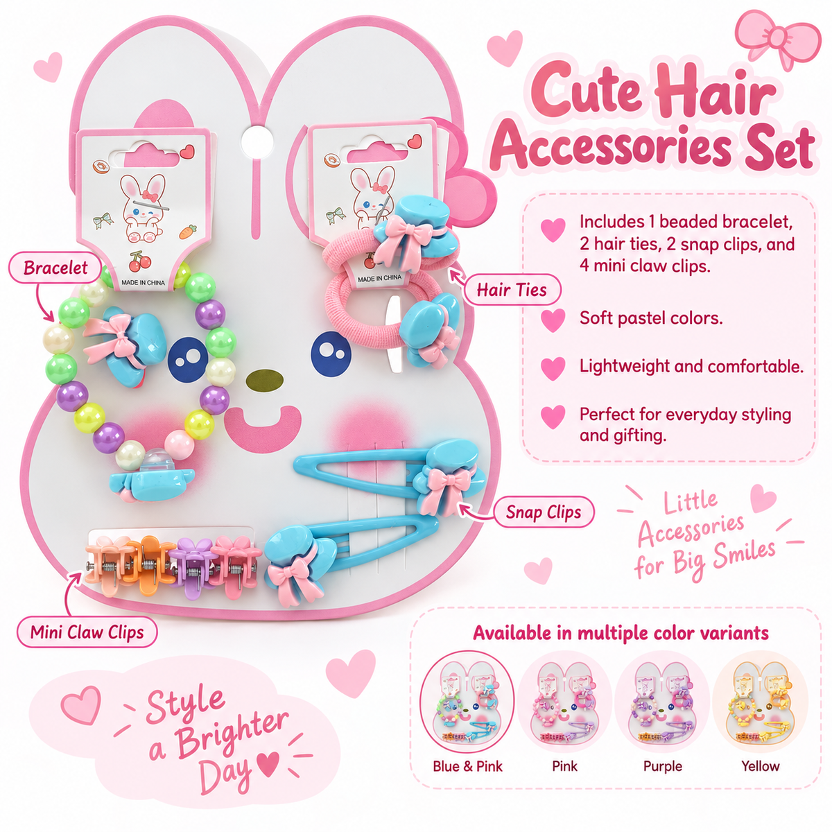 Cute pastel bunny hair accessory set for girls.