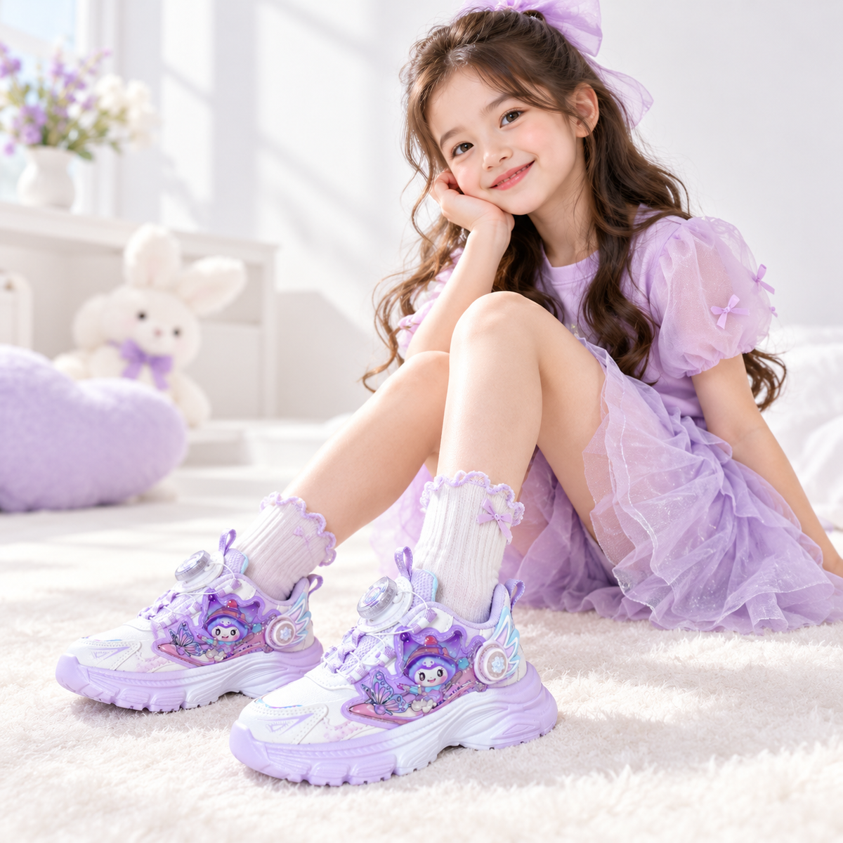 Girls’ Cartoon Butterfly Sneakers – Lavender & White
