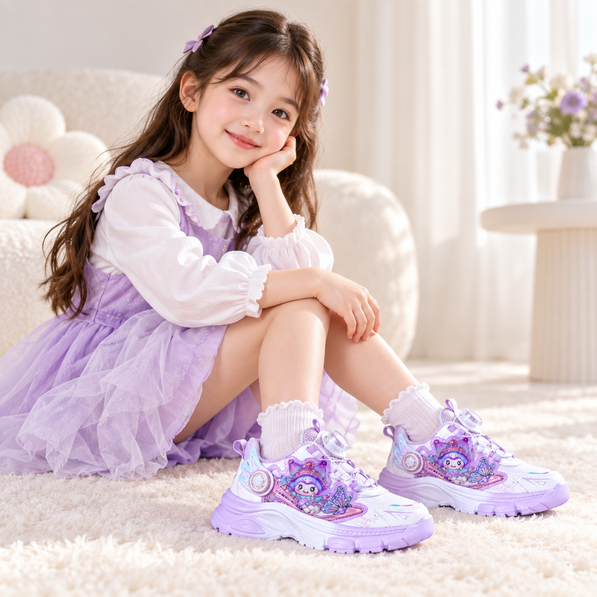 Girls’ Cartoon Butterfly Sneakers – Lavender & White
