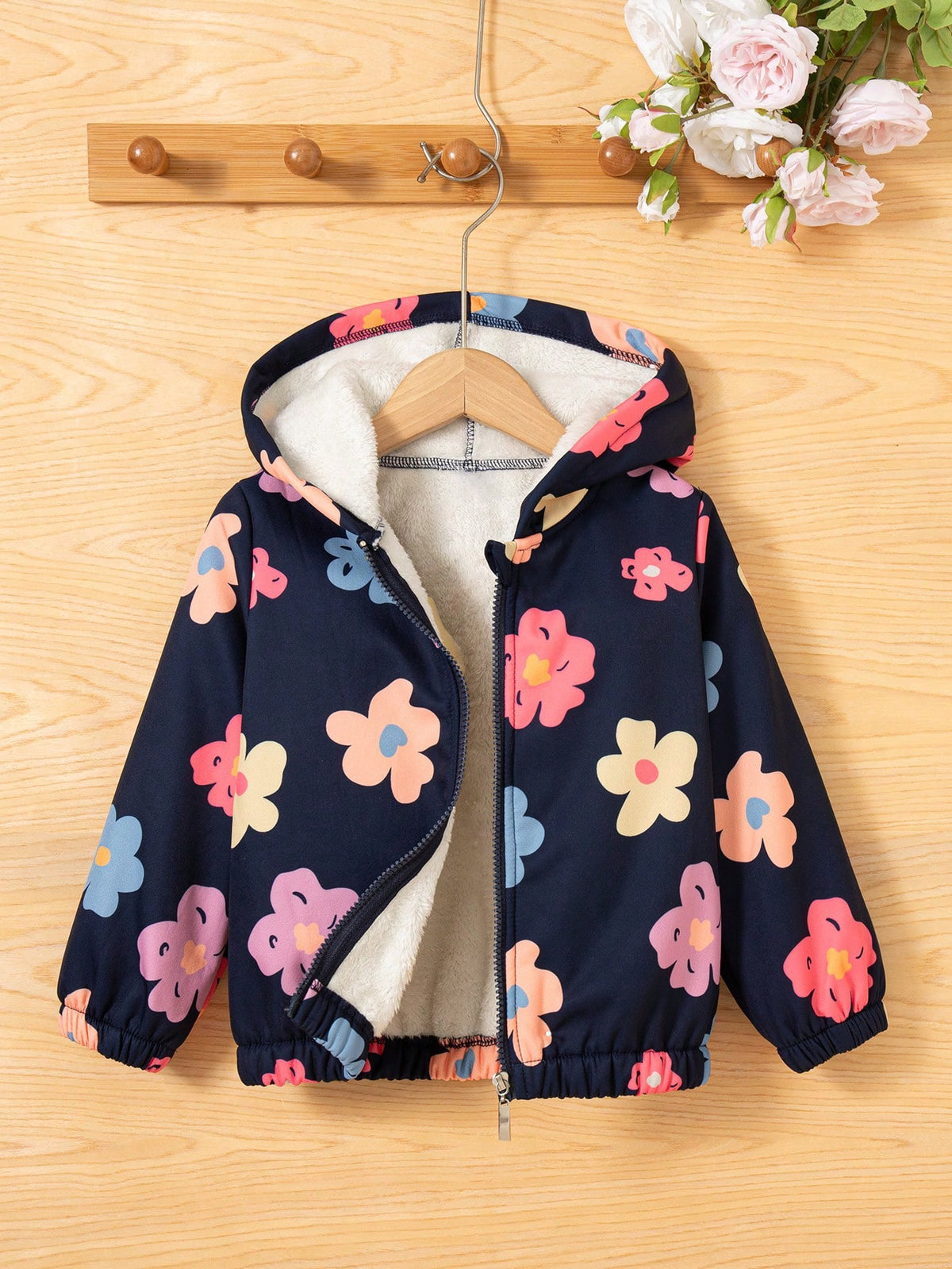 Young Girl Casual Floral Print Zip-Up Hooded Fleece Jacket, Outdoor Fashion, Autumn/Winter
