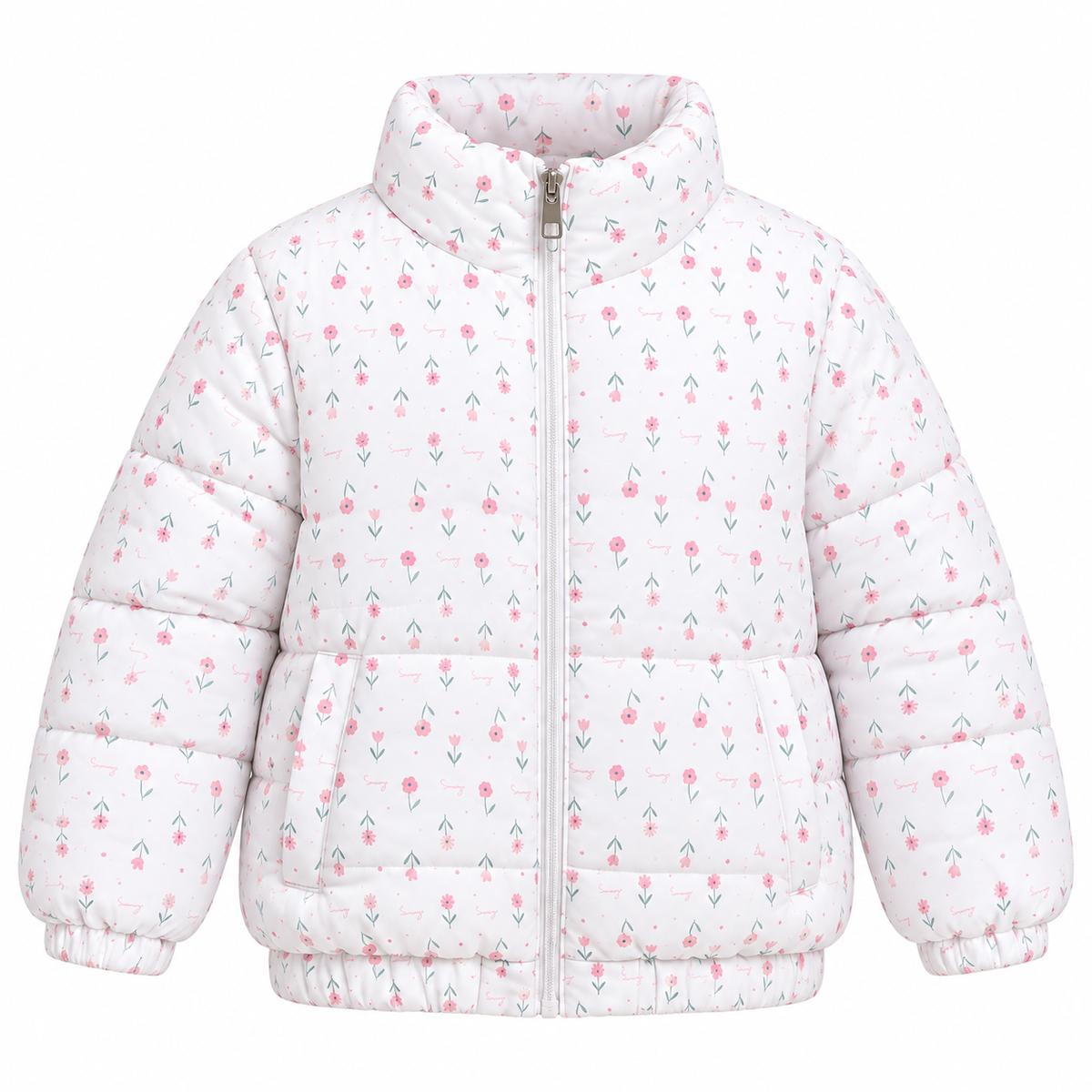 High-Neck Floral Cropped Puffer Jacket - Kids Story 8827