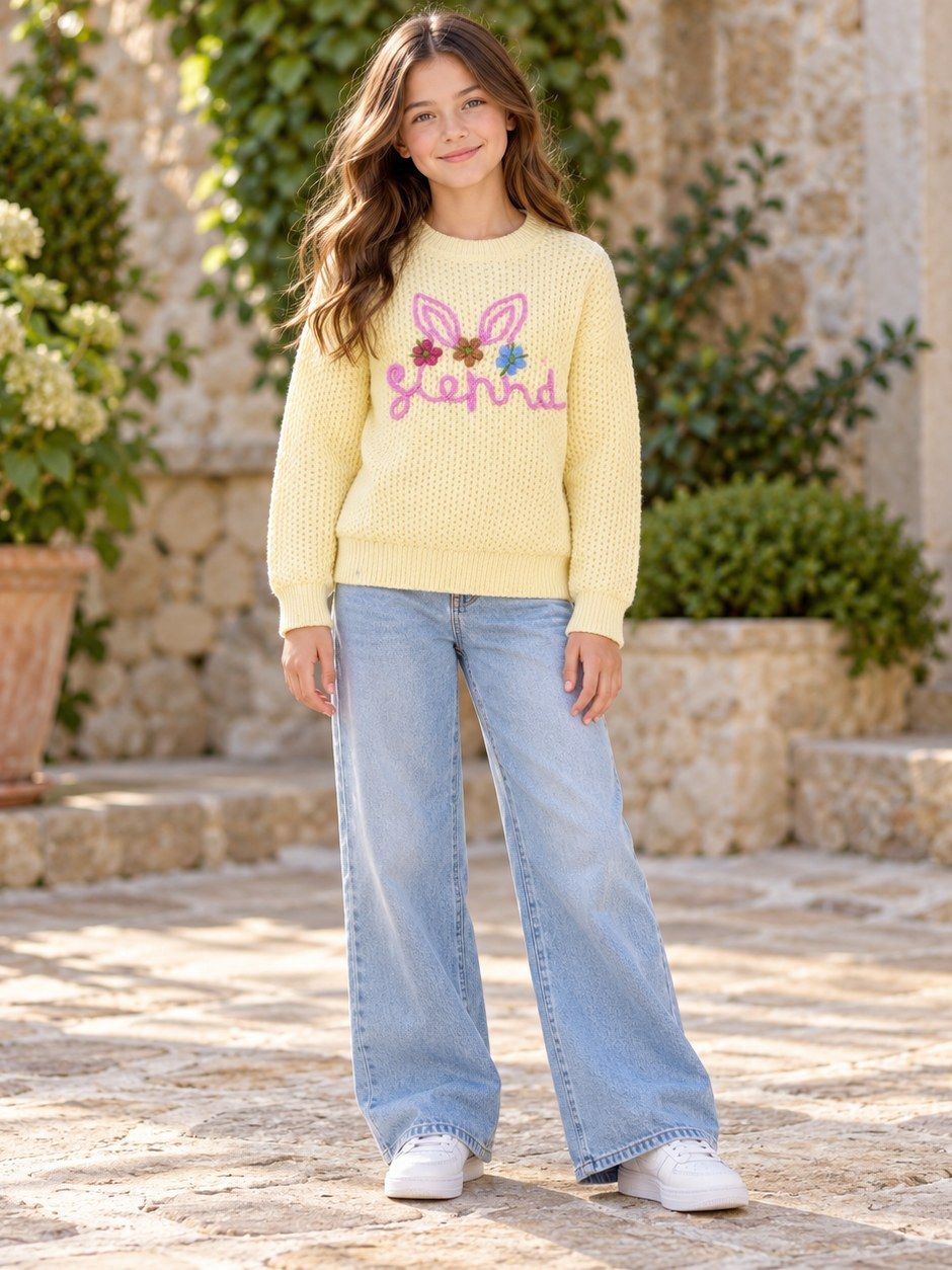 Girls Knitted Sweatshirt - Bunny Ears Embroidery