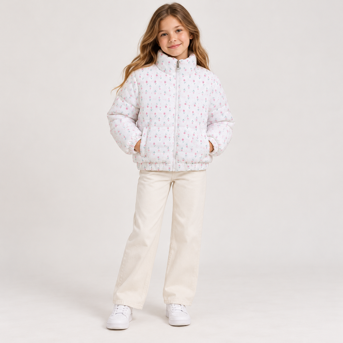 High-Neck Floral Cropped Puffer Jacket - Kids Story 8827