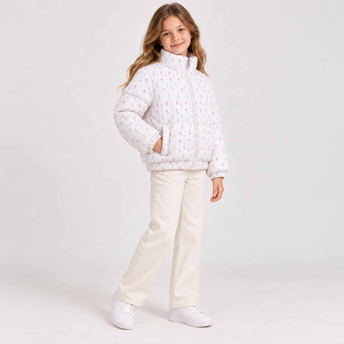 High-Neck Floral Cropped Puffer Jacket - Kids Story 8827