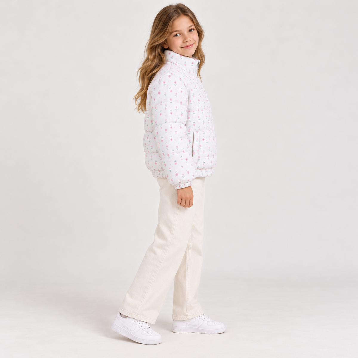 High-Neck Floral Cropped Puffer Jacket - Kids Story 8827
