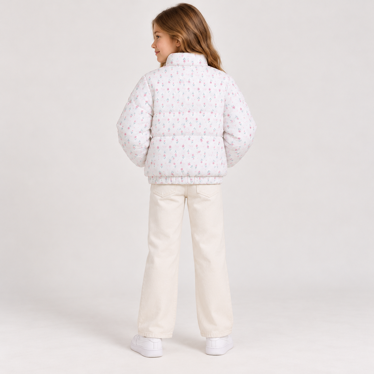 High-Neck Floral Cropped Puffer Jacket - Kids Story 8827
