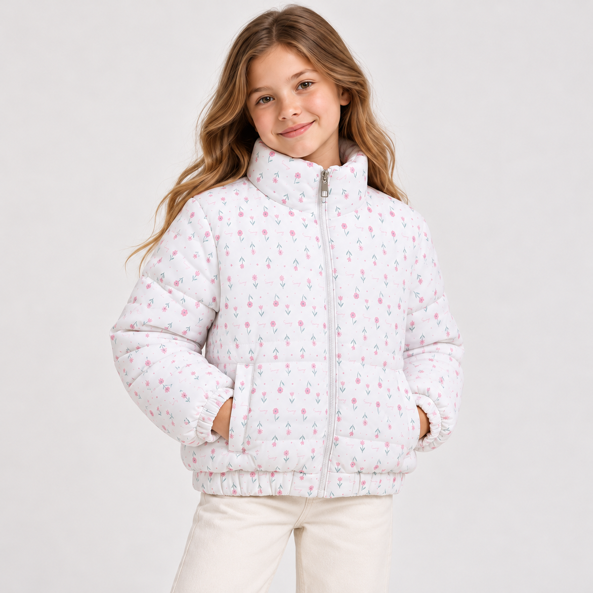 High-Neck Floral Cropped Puffer Jacket - Kids Story 8827