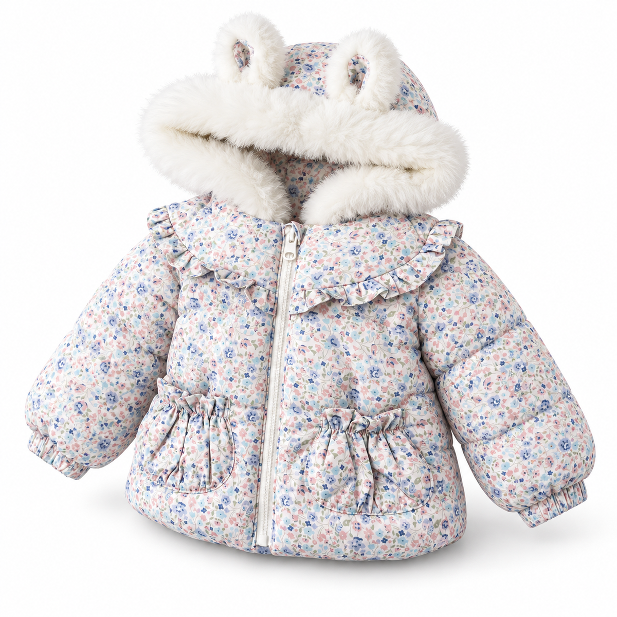 Floral Jacket with Bunny-Ear Fur Hood - Kids Story 8800