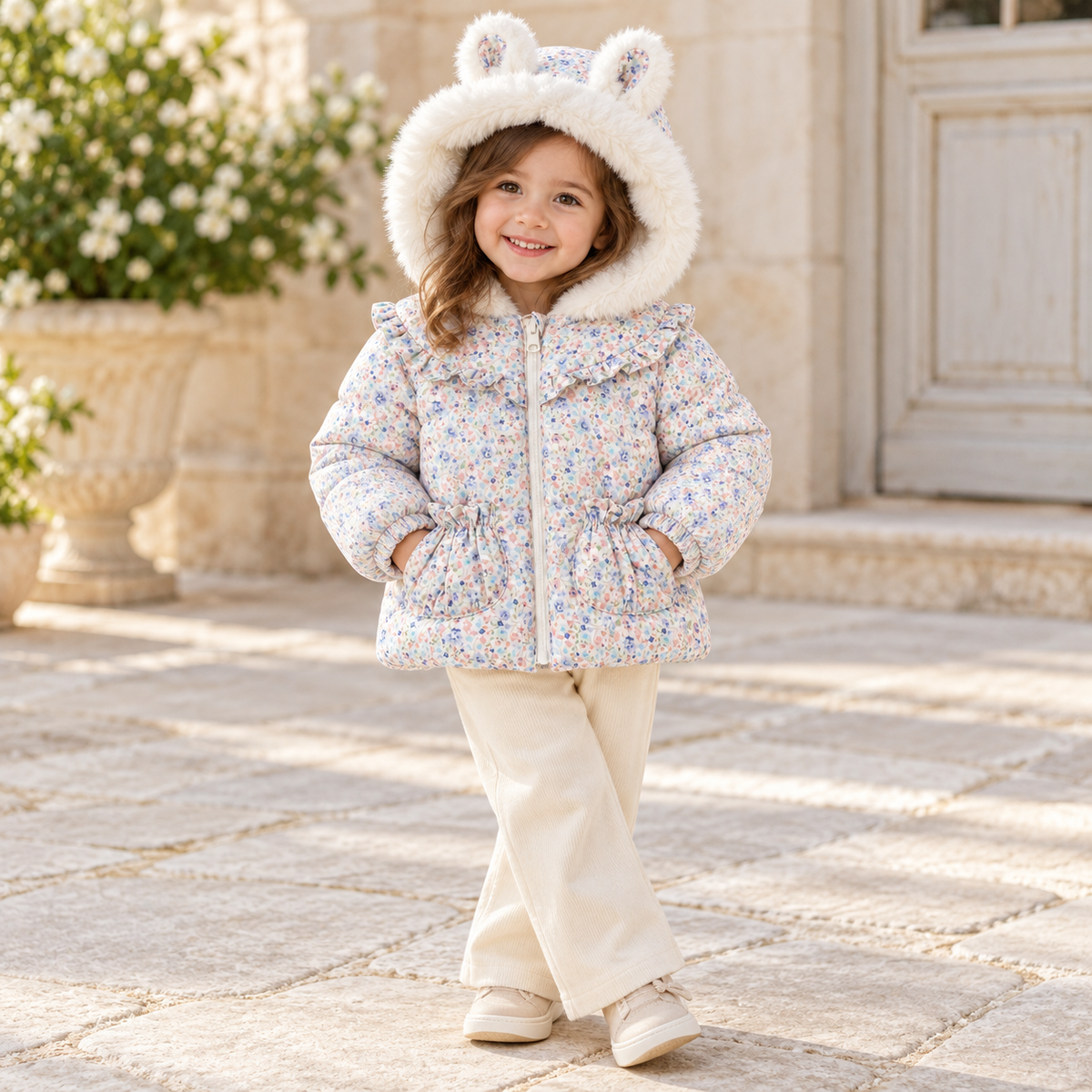 Floral Jacket with Bunny-Ear Fur Hood - Kids Story 8800