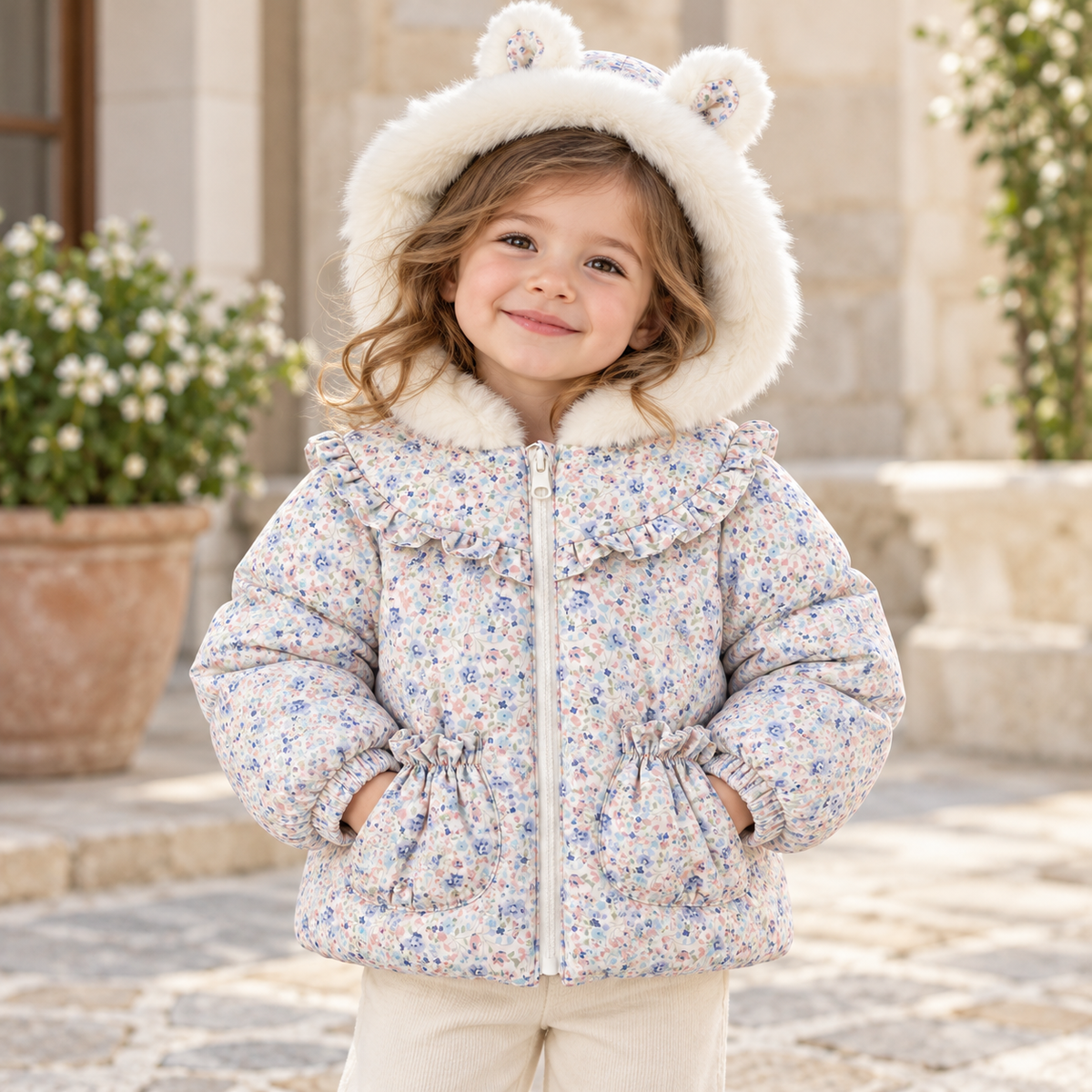 Floral Jacket with Bunny-Ear Fur Hood - Kids Story 8800