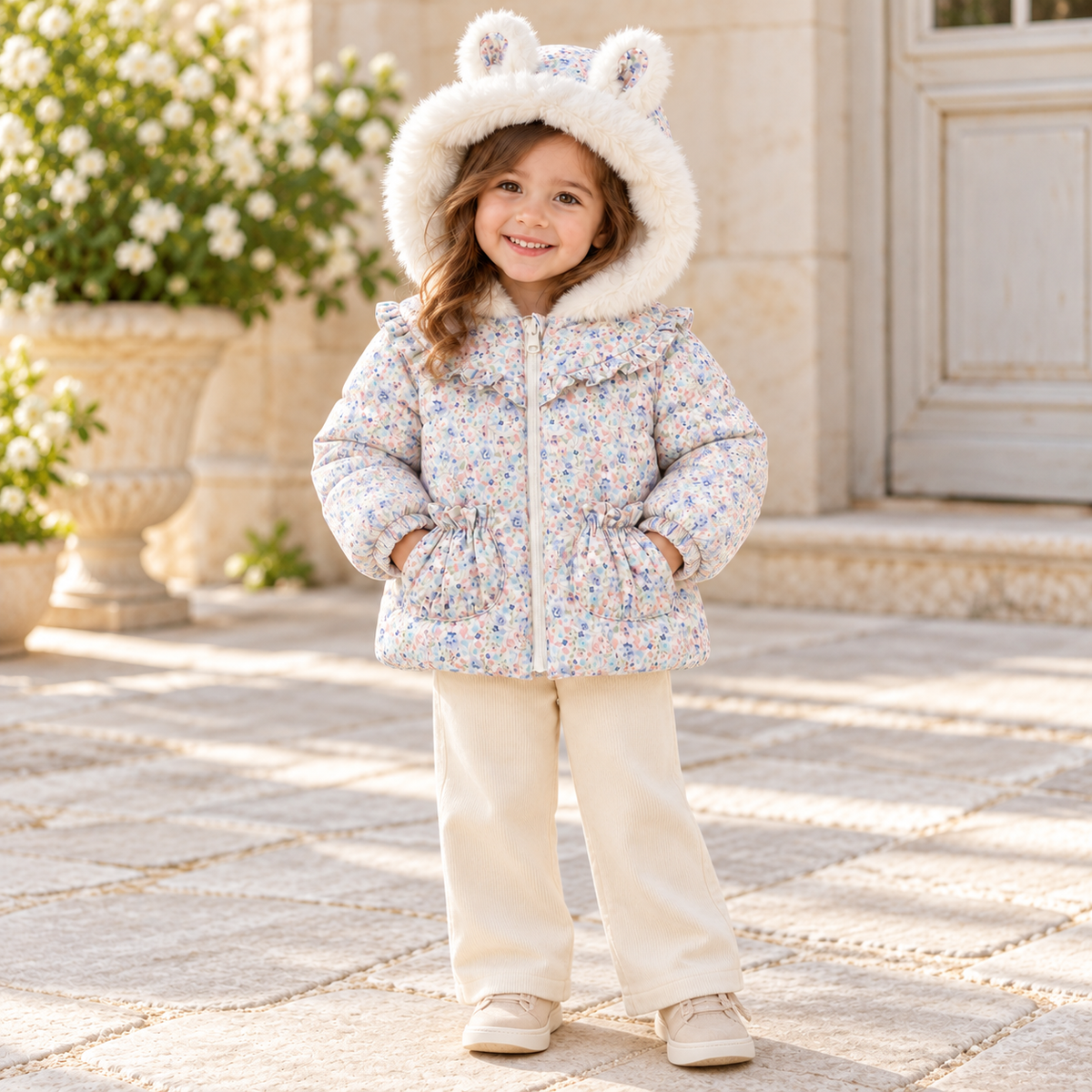 Floral Jacket with Bunny-Ear Fur Hood - Kids Story 8800