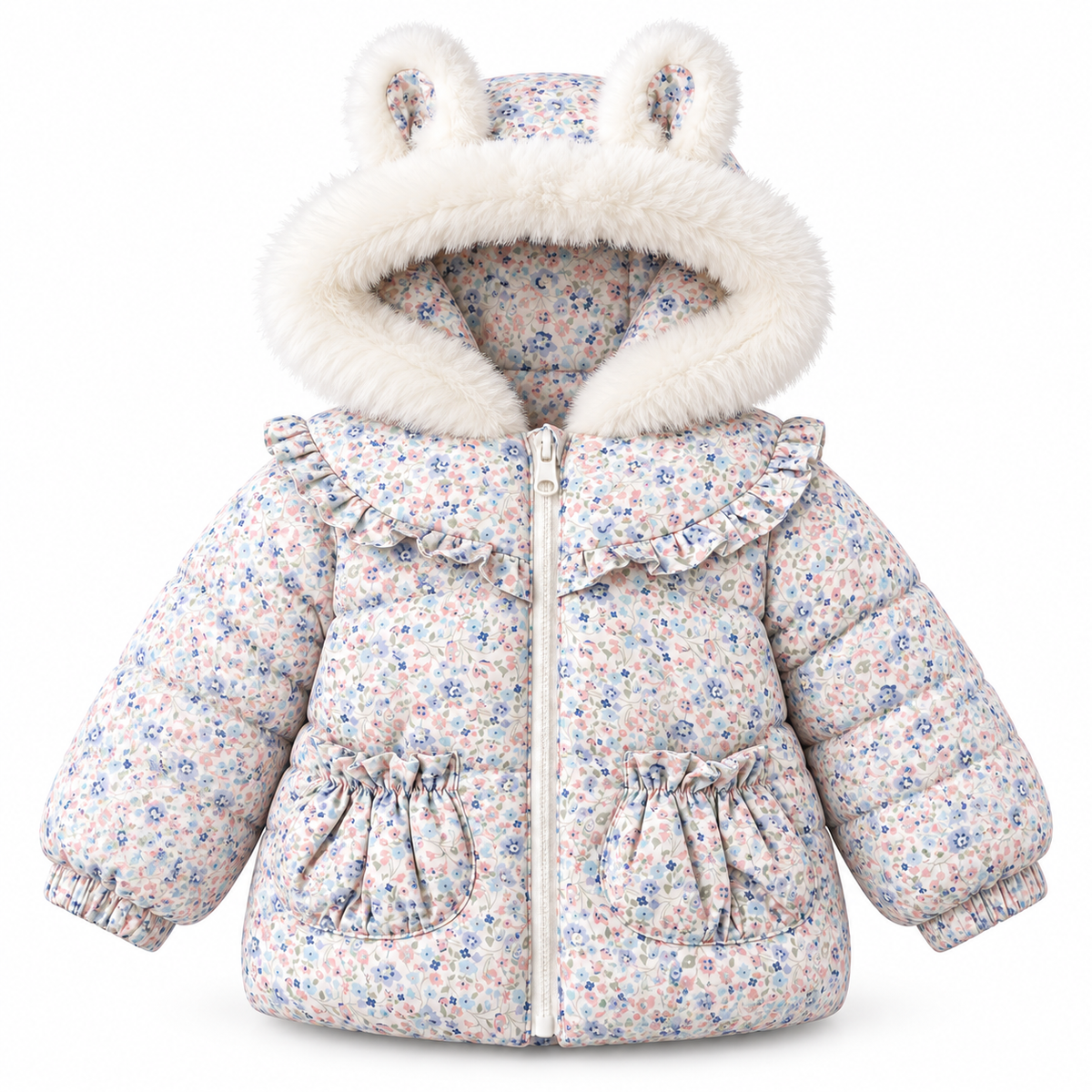 Floral Jacket with Bunny-Ear Fur Hood - Kids Story 8800