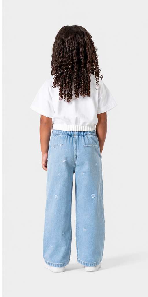 Girls Floral Embroidered Wide-Leg Denim Jeans