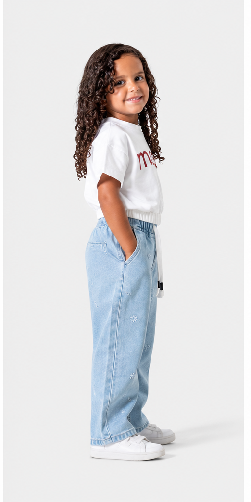Girls Floral Embroidered Wide-Leg Denim Jeans