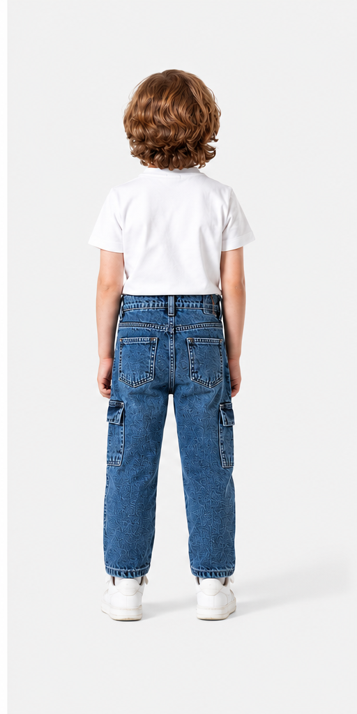Boys Medium Wash Cargo Pocket Denim Jeans