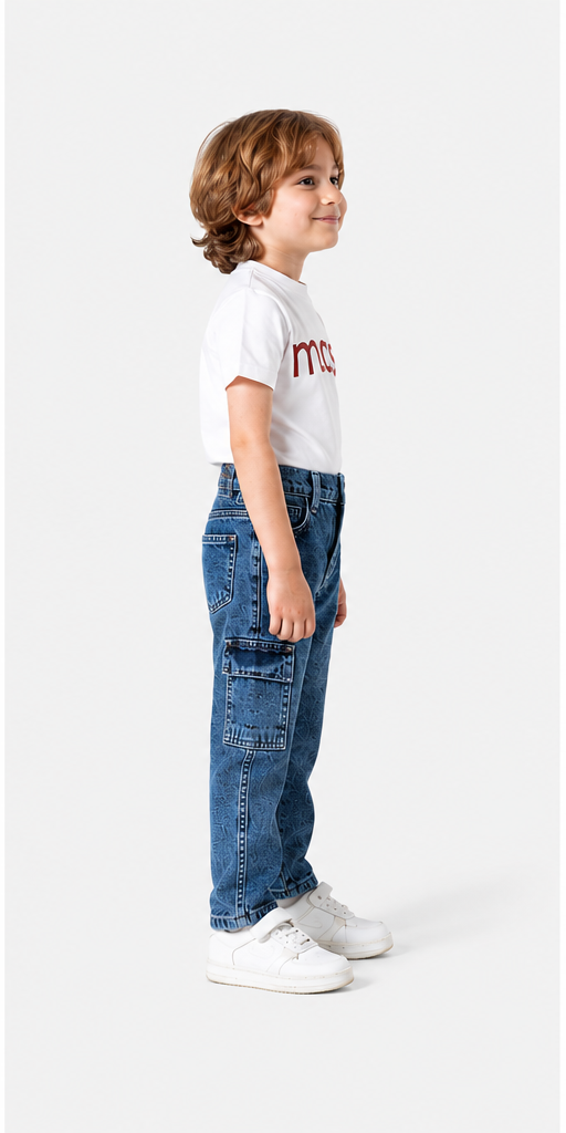 Boys Medium Wash Cargo Pocket Denim Jeans