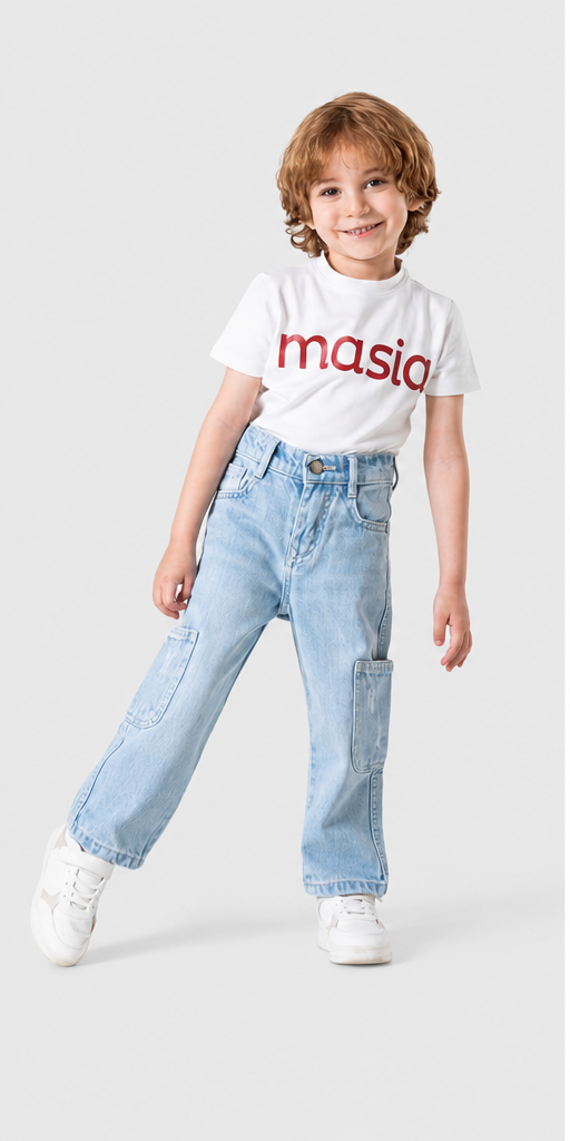 Boys Light Wash Cargo Pocket Denim Jeans