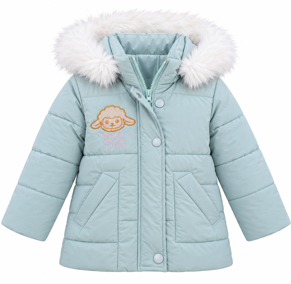 Mint Green Jacket with Fur Hood - Kids Story 8101