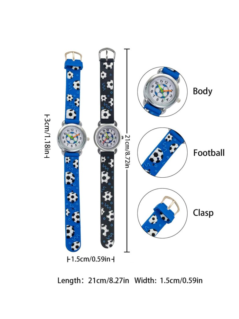 2pcs Sports Football Pattern Quartz Watches - Black & Blue, Suitable For School, Outdoor, Casual