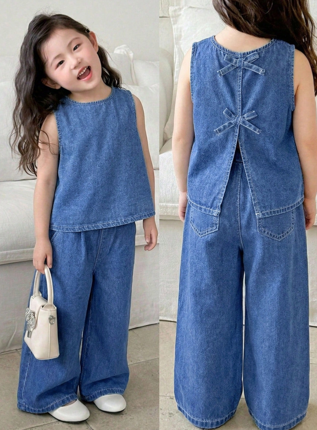Girl Denim Camisole And Wide Leg Jeans Set