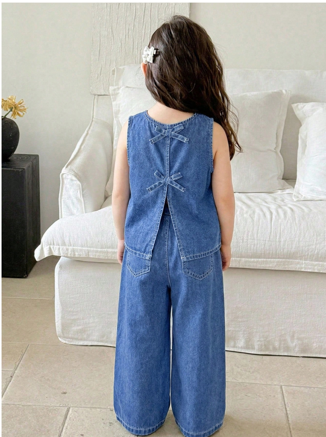 Girl Denim Camisole And Wide Leg Jeans Set