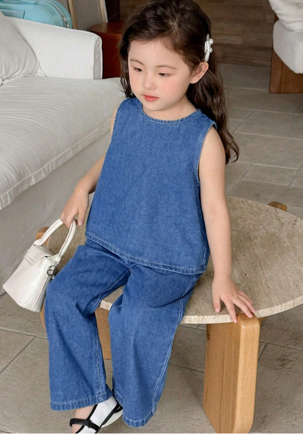 Girl Denim Camisole And Wide Leg Jeans Set