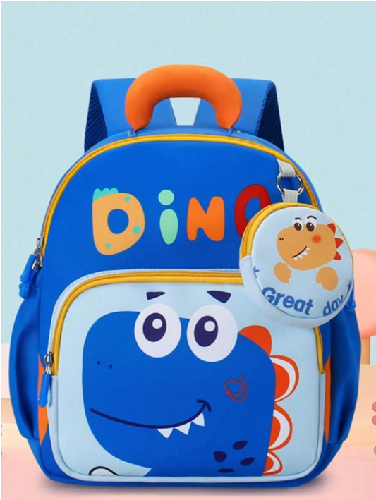 Sky Blue Dino Graphic Casual Backpack