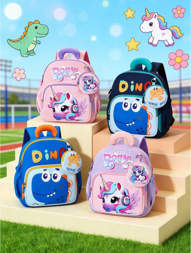 Sky Blue Dino Graphic Casual Backpack