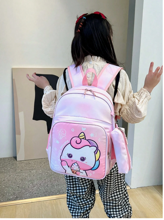 Cartoon Mermaid & Unicorn Print Backpack For Kids And Teens, School Bag With Pencil Case