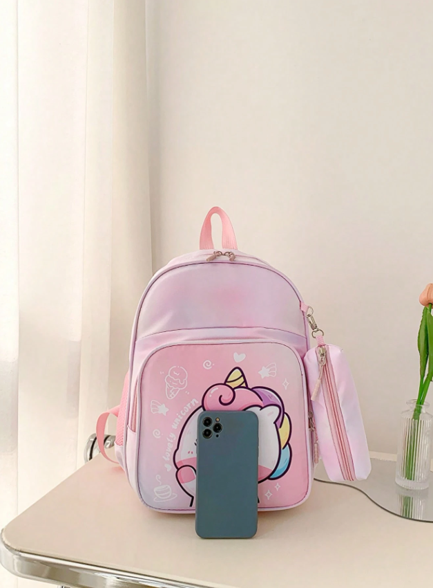 Cartoon Mermaid & Unicorn Print Backpack For Kids And Teens, School Bag With Pencil Case