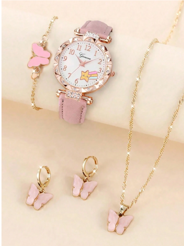 5pcs Pink Star Design Children Quartz Watch With Butterfly Necklace, Bracelet And Earrings Set