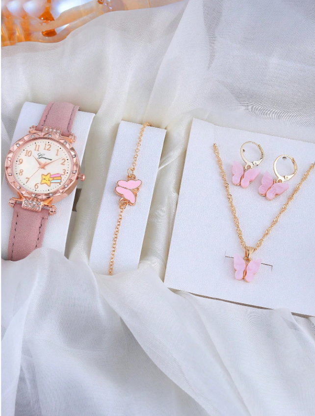 5pcs Pink Star Design Children Quartz Watch With Butterfly Necklace, Bracelet And Earrings Set
