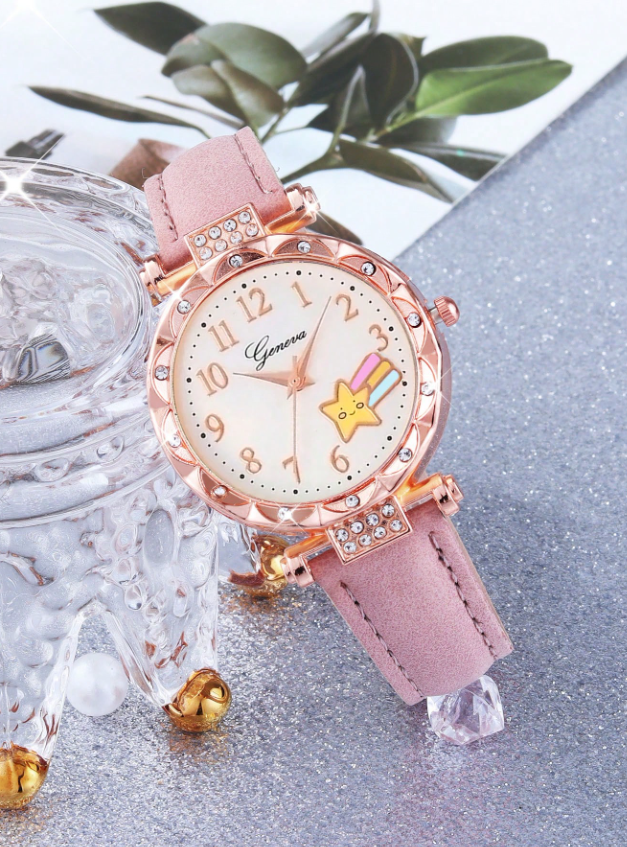 5pcs Pink Star Design Children Quartz Watch With Butterfly Necklace, Bracelet And Earrings Set