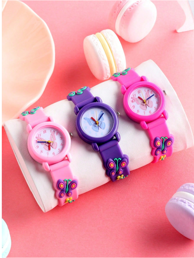 3pcs/Set Boys & Girls Watches, Round Football Sports Style, Butterfly, Strawberry, Unicorn, Dinosaur Children's Watches, Digital & Analog Clock, Affordable Back To School Watches, Fashionable School Supplies For Students, Quartz Watches Suitable For Da...