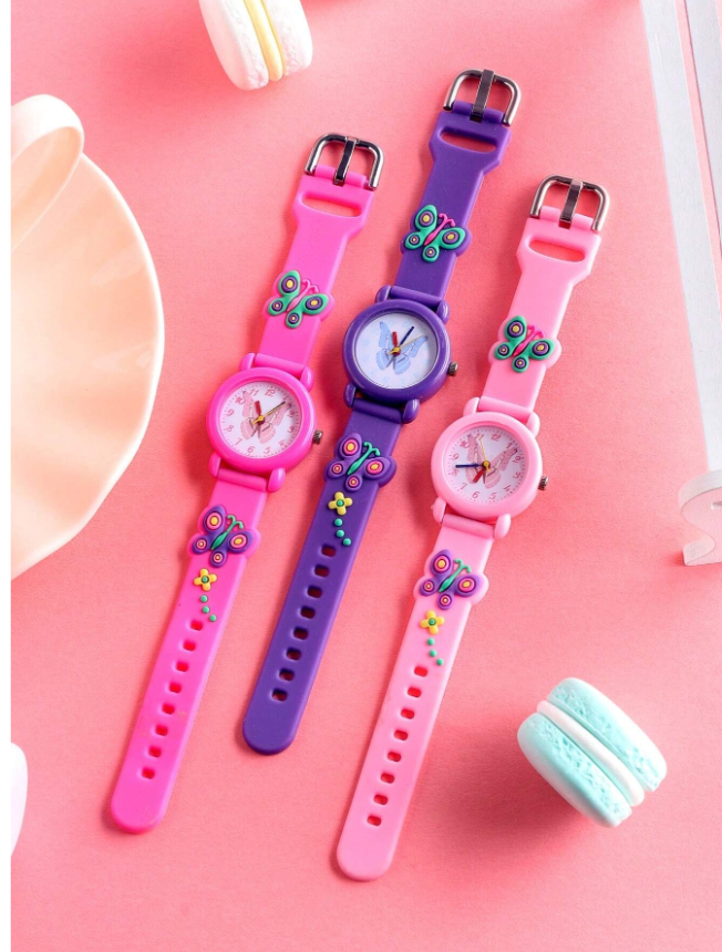 3pcs/Set Boys & Girls Watches, Round Football Sports Style, Butterfly, Strawberry, Unicorn, Dinosaur Children's Watches, Digital & Analog Clock, Affordable Back To School Watches, Fashionable School Supplies For Students, Quartz Watches Suitable For Da...