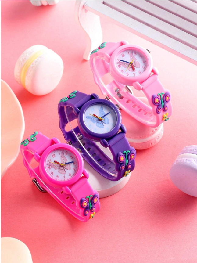 3pcs/Set Boys & Girls Watches, Round Football Sports Style, Butterfly, Strawberry, Unicorn, Dinosaur Children's Watches, Digital & Analog Clock, Affordable Back To School Watches, Fashionable School Supplies For Students, Quartz Watches Suitable For Da...