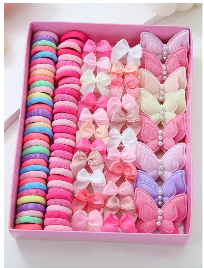 115pcs/Set Pink Hair Accessories For Girls, Ribbon Bow Scrunchies, Faux Pearl Butterfly Hair Clips, Simple Hair Ties, Towel Scrunchies, Everyday Use