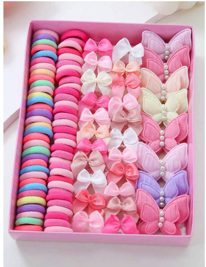 115pcs/Set Pink Hair Accessories For Girls, Ribbon Bow Scrunchies, Faux Pearl Butterfly Hair Clips, Simple Hair Ties, Towel Scrunchies, Everyday Use
