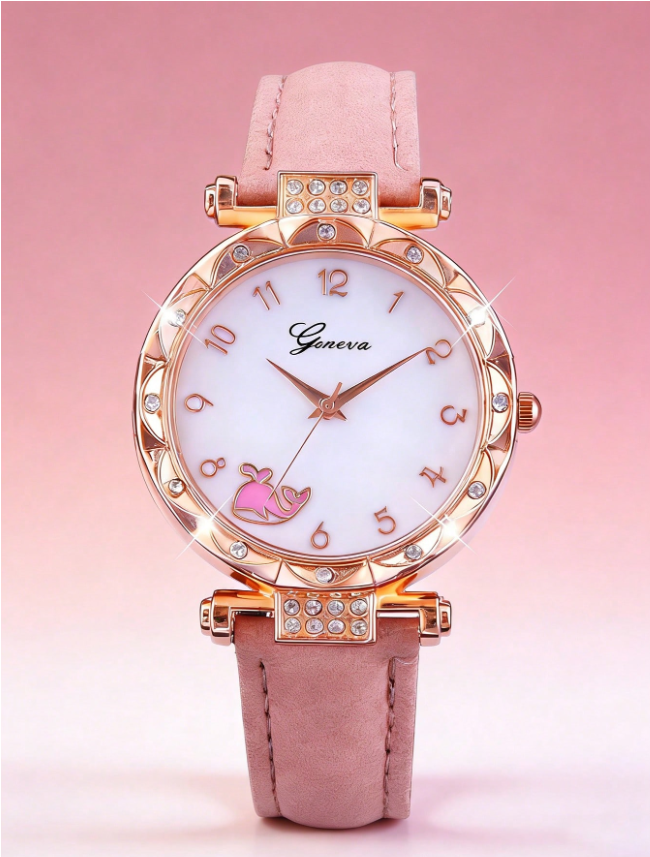 5pcs/Set Pink Whale Design Girls Quartz Watch, Butterfly Pendant Necklace, Bracelet And Earring Set, Best Gift Choice
