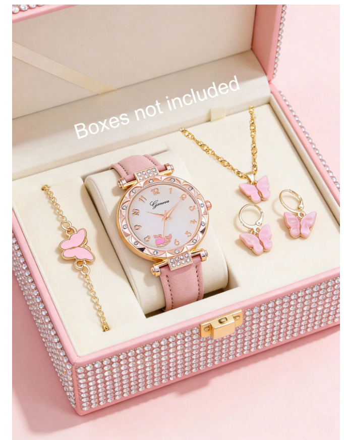 5pcs/Set Pink Whale Design Girls Quartz Watch, Butterfly Pendant Necklace, Bracelet And Earring Set, Best Gift Choice