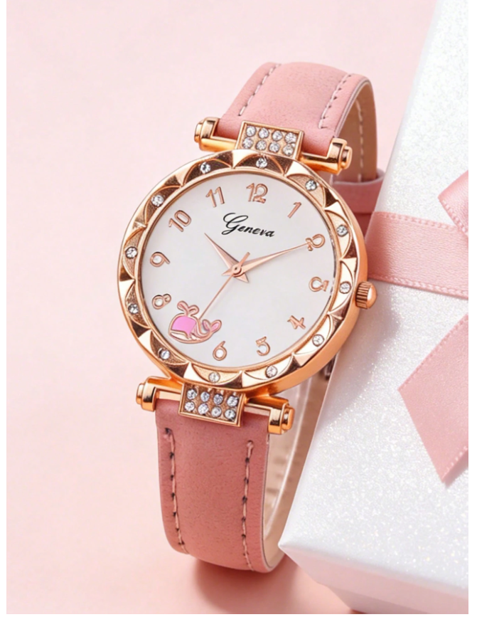 5pcs/Set Pink Whale Design Girls Quartz Watch, Butterfly Pendant Necklace, Bracelet And Earring Set, Best Gift Choice