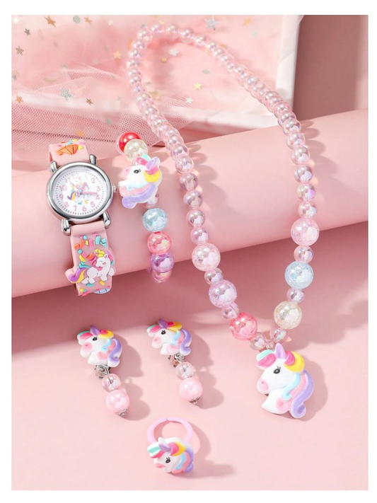 6pcs/Set Stylish Arabic Numeral Dial 3D Unicorn Print Silicone Strap Quartz Watch + Mini Horse Bracelet, Suitable For Birthday, Halloween, Christmas, Back To School Gifts