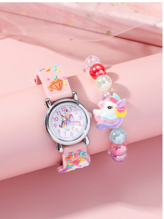 6pcs/Set Stylish Arabic Numeral Dial 3D Unicorn Print Silicone Strap Quartz Watch + Mini Horse Bracelet, Suitable For Birthday, Halloween, Christmas, Back To School Gifts